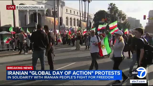 Crowd gathers for massive protest over Iran regime in downtown LA