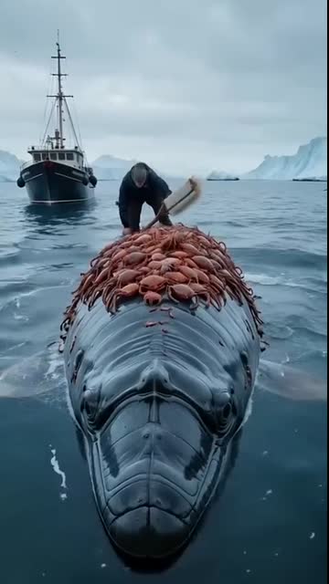 A old fisherman helping a majestic whale remove crabes on his body #whale #sealife #sea